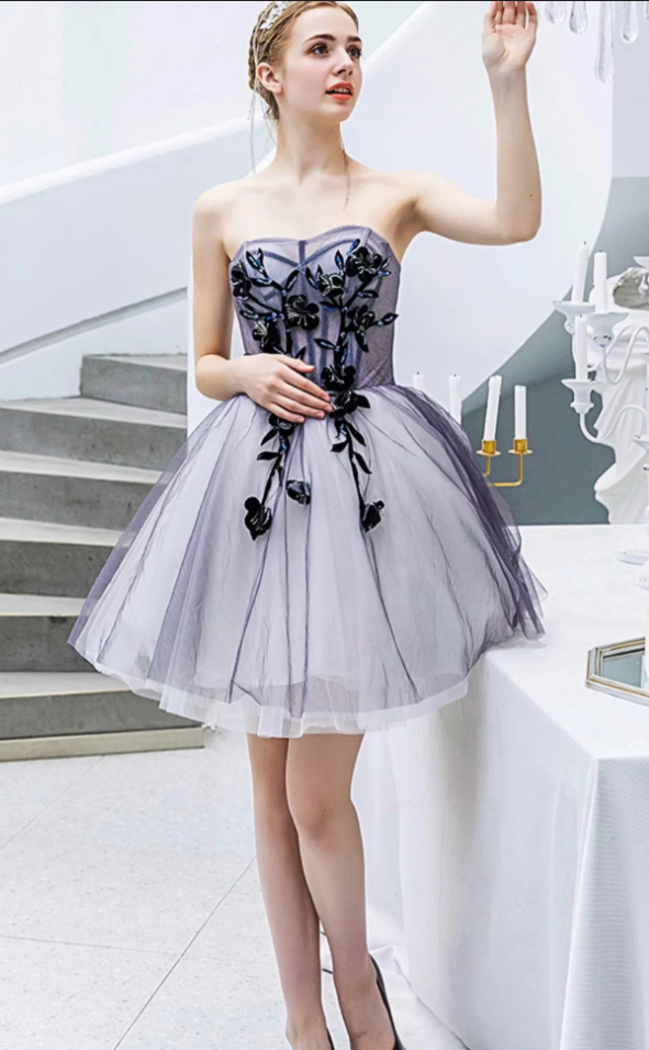 Romantic Strapless Short Floral Applique Tulle A-Line Homecoming Dress DP8803