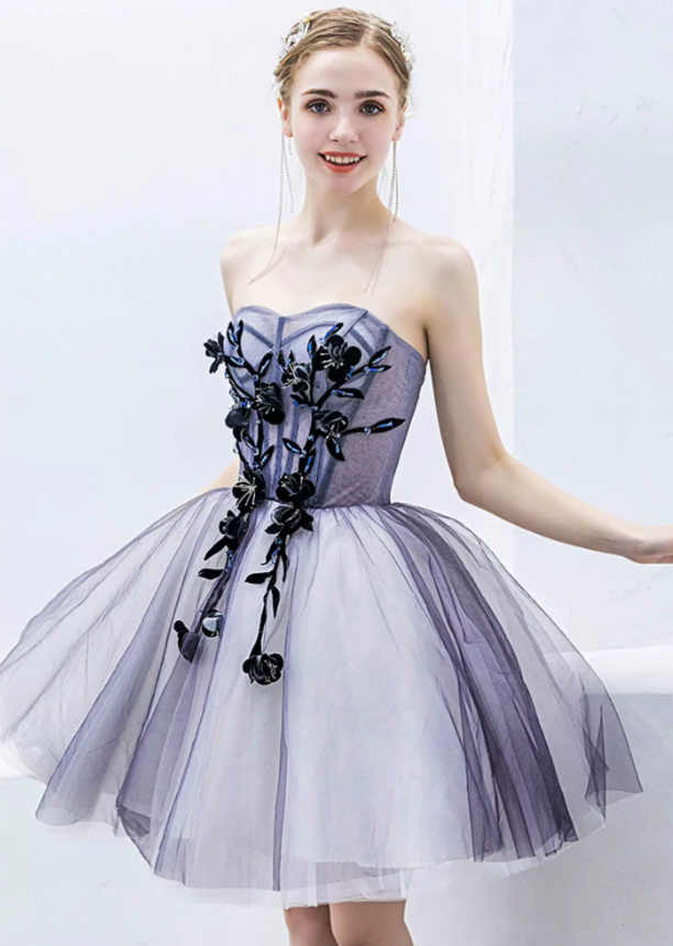 Romantic Strapless Short Floral Applique Tulle A-Line Homecoming Dress DP8803