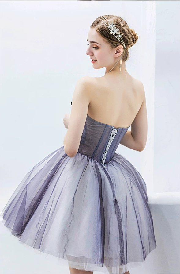 Romantic Strapless Short Floral Applique Tulle A-Line Homecoming Dress DP8803