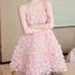 Robe de bal de fin d'année trapèze en tulle à fleurs 3D sans bretelles rose romantique DP8804