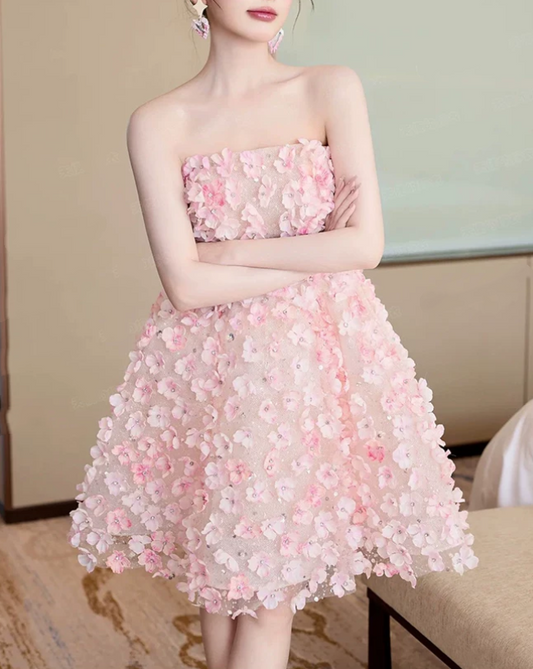 Romantic Pink Strapless 3D Floral Tulle A‑Line Homecoming Dress DP8804