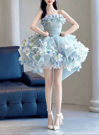 Cute Light Blue Strapless 3D Floral Tulle A-Line Homecoming Dress DP8805
