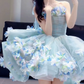 Cute Light Blue Strapless 3D Floral Tulle A-Line Homecoming Dress DP8805