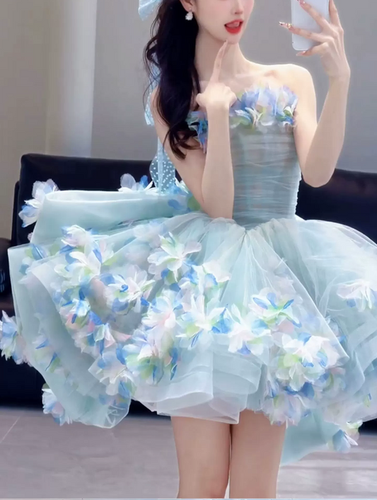 Cute Light Blue Strapless 3D Floral Tulle A-Line Homecoming Dress DP8805