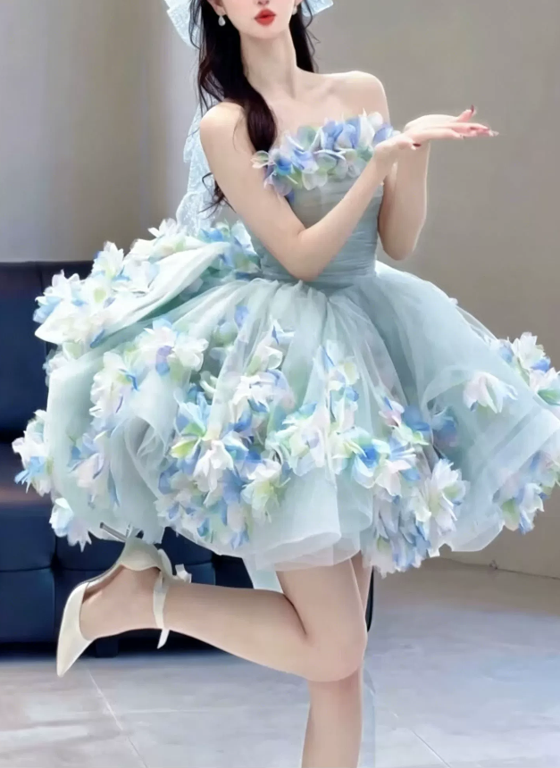 Cute Light Blue Strapless 3D Floral Tulle A-Line Homecoming Dress DP8805