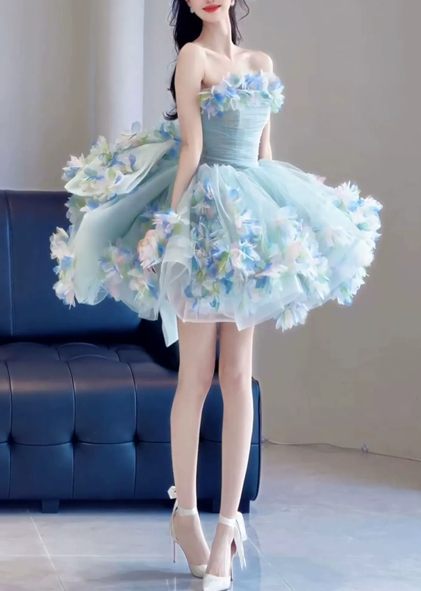 Cute Light Blue Strapless 3D Floral Tulle A-Line Homecoming Dress DP8805