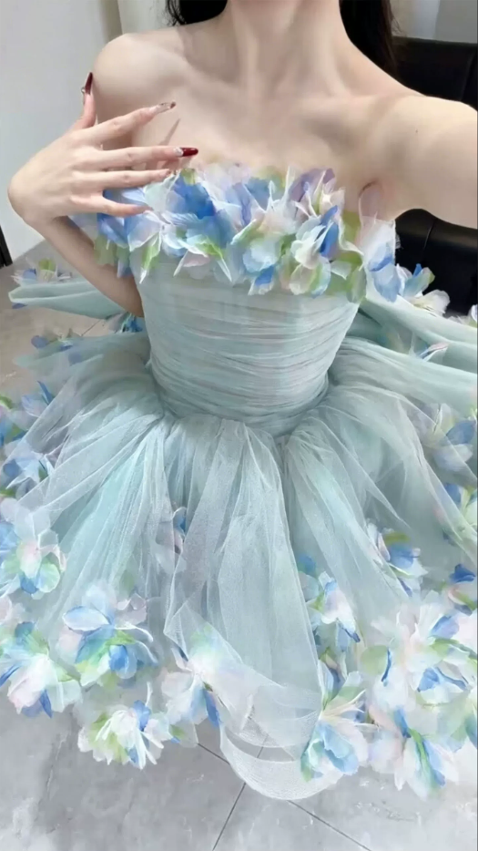 Cute Light Blue Strapless 3D Floral Tulle A-Line Homecoming Dress DP8805