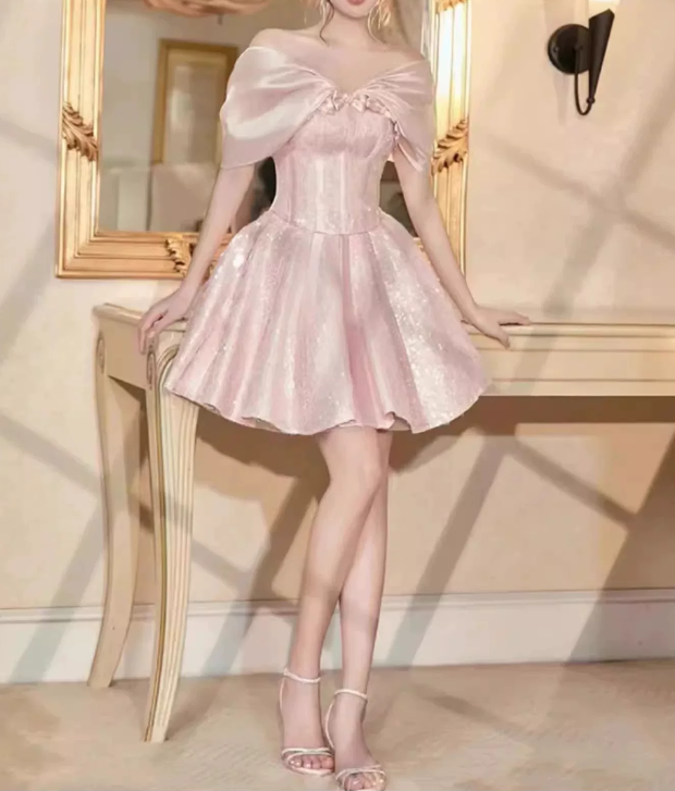 Elegant Pink Off‑the-Shoulder Pink Sequin A‑Line Homecoming Dress DP8806