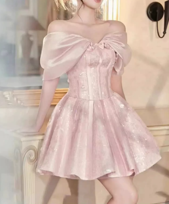 Elegant Pink Off‑the-Shoulder Pink Sequin A‑Line Homecoming Dress DP8806