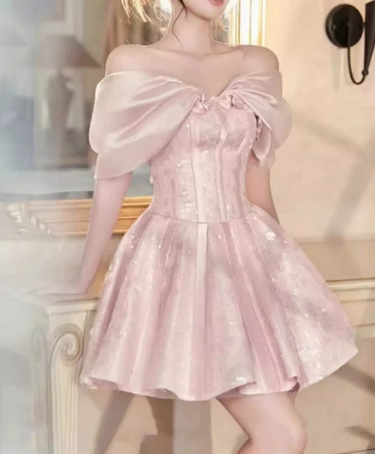 Elegant Pink Off‑the-Shoulder Pink Sequin A‑Line Homecoming Dress DP8806