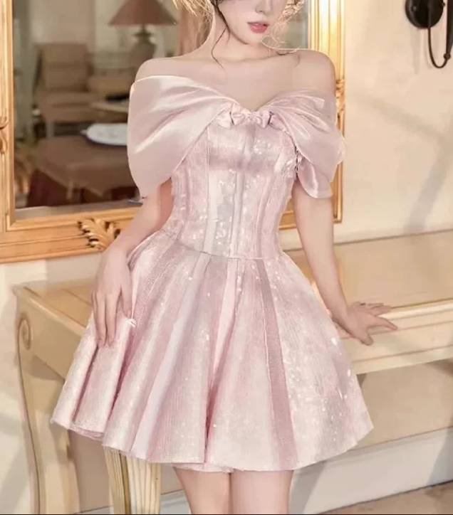 Elegant Pink Off‑the-Shoulder Pink Sequin A‑Line Homecoming Dress DP8806
