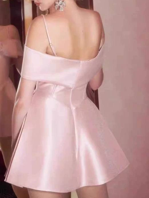 Elegant Pink Satin Off‑the-Shoulder A-Line Homecoming Dress DP8808