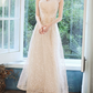Elegant Champagne Spaghetti Straps Sequin Tulle A‑Line Evening Gown DP8824