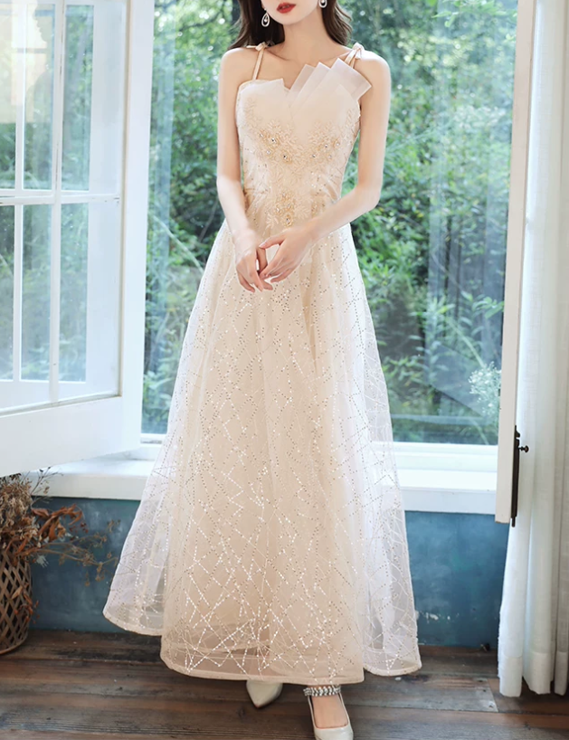 Elegant Champagne Spaghetti Straps Sequin Tulle A‑Line Evening Gown DP8824