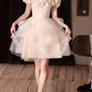 Vintage Champagne Off‑the-Shoulder Ruffled Neck Tulle Tiered A-Line Homecoming Dress DP8838