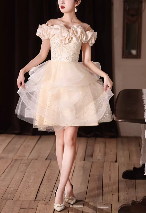 Vintage Champagne Off‑the-Shoulder Ruffled Neck Tulle Tiered A-Line Homecoming Dress DP8838