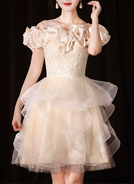Vintage Champagne Off‑the-Shoulder Ruffled Neck Tulle Tiered A-Line Homecoming Dress DP8838