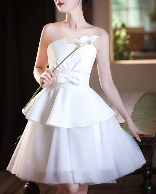 Elegant White Strapless Tiered Short Satin A-Line Homecoming Dress DP8839
