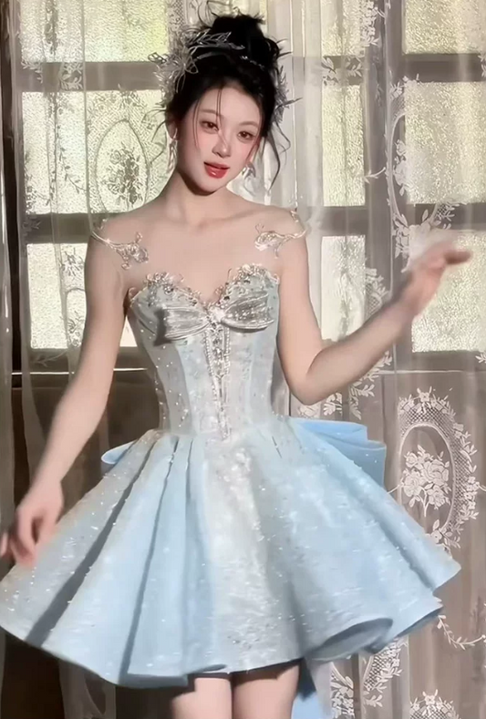 Elegant Light Blue Sheer Sparkly Beaded A‑Line Homecoming Dress DP8840