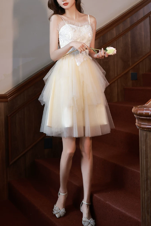 Elegant White Tulle Spaghetti Straps Sequin Sweetheart A-Line Homecoming Dress DP8841