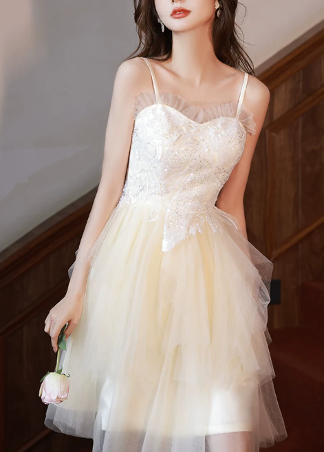 Elegant White Tulle Spaghetti Straps Sequin Sweetheart A-Line Homecoming Dress DP8841