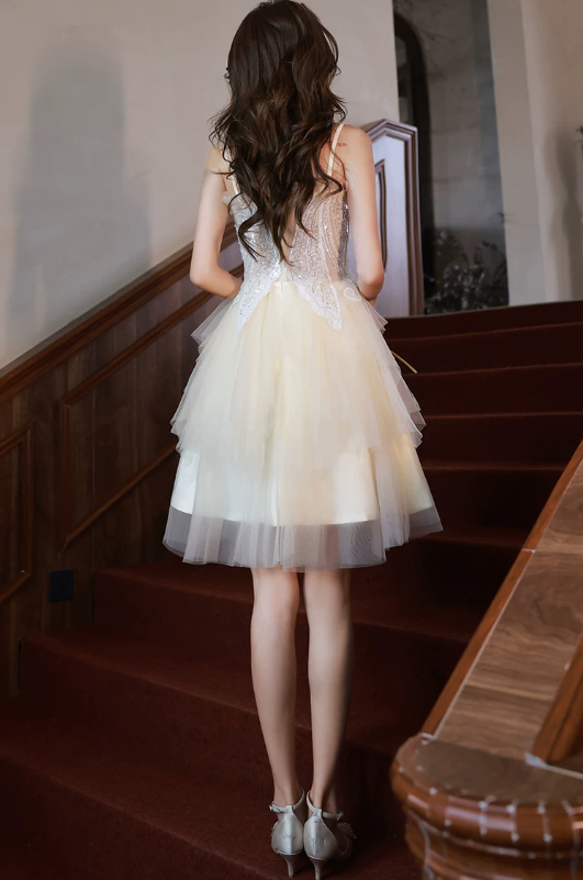 Elegant White Tulle Spaghetti Straps Sequin Sweetheart A-Line Homecoming Dress DP8841