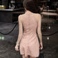 Elegant Pink Halter-Neck Lace Bow Sleeveless A‑Line Homecoming Dress DP8842