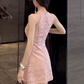 Elegant Pink Halter-Neck Lace Bow Sleeveless A‑Line Homecoming Dress DP8842