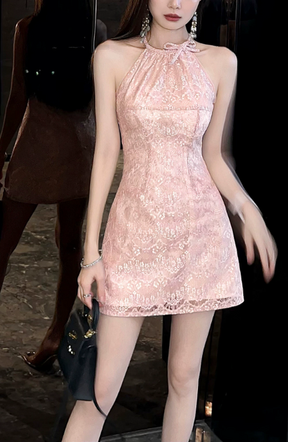 Elegant Pink Halter-Neck Lace Bow Sleeveless A‑Line Homecoming Dress DP8842