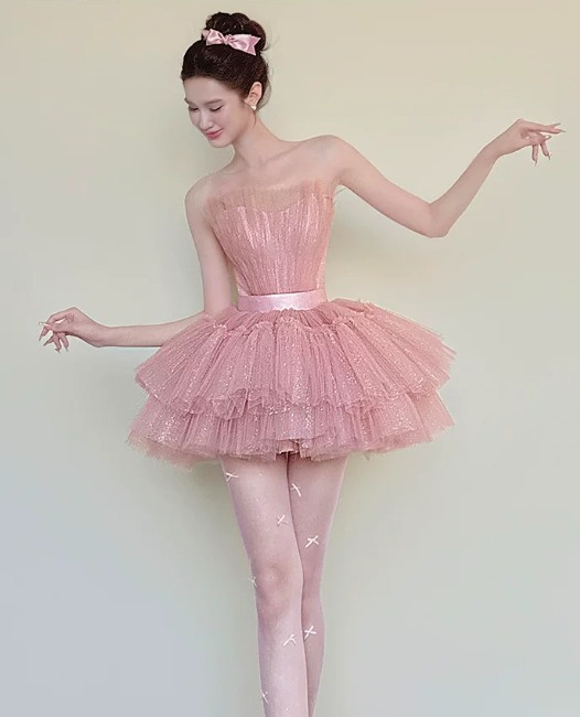 Elegant Pink Strapless Glitter Tulle Tiered A-Line Homecoming Dress DP8843