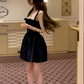 Elegant Navy Blue Satin Contrast Trim Spaghetti Strap A‑Line Homecoming Dress DP8845