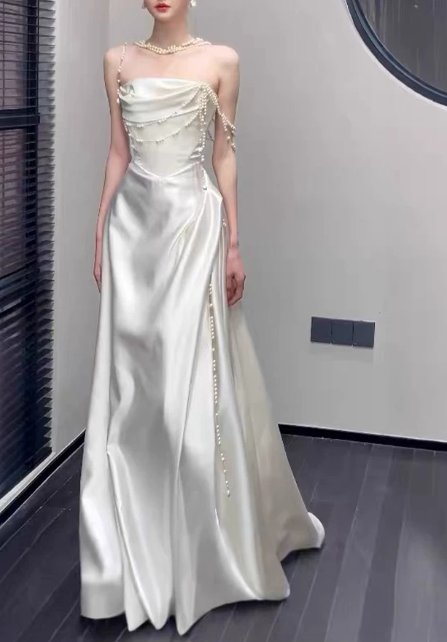Romantic Pearl Strap Draped Satin Sheath Cowl Neck Pearl Chain Embellished Wedding Dress DP8849
