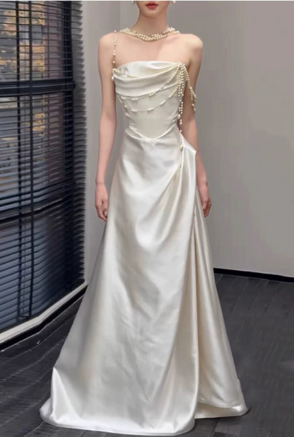 Romantic Pearl Strap Draped Satin Sheath Cowl Neck Pearl Chain Embellished Wedding Dress DP8849