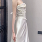 Romantic Pearl Strap Draped Satin Sheath Cowl Neck Pearl Chain Embellished Wedding Dress DP8849