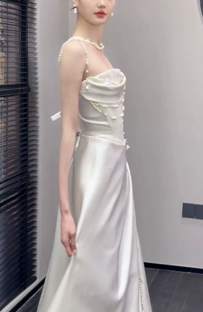 Romantic Pearl Strap Draped Satin Sheath Cowl Neck Pearl Chain Embellished Wedding Dress DP8849