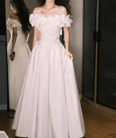 Romantic Ivory Off‑the‑Shoulder Ruffled Taffeta A‑Line Wedding Dress DP8850