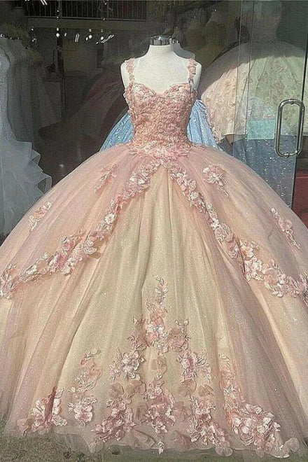 Retro Pink Sweetheart Appliqued 3D Flower A-Line Tulle 18 Birthday Quinceanera Dresses Evening Ball Gowns DP6138