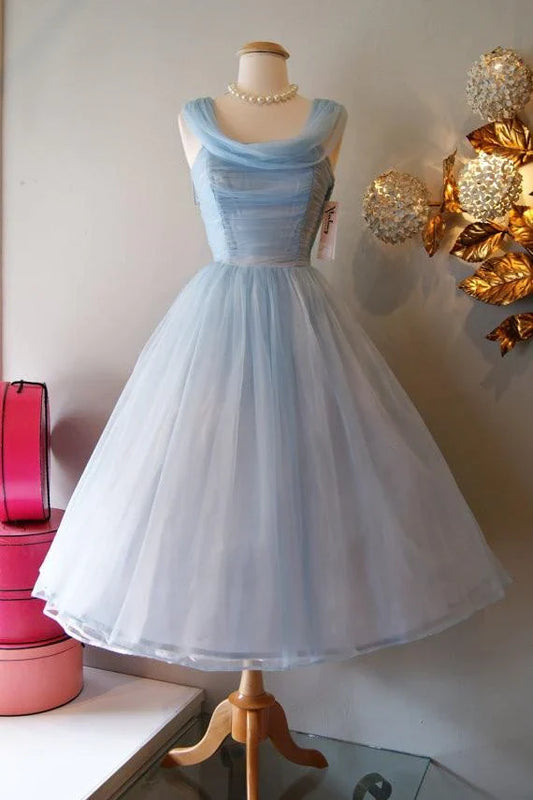 Retro Hellblaues Tüll-Design A-Linie Chiffon Partykleid Homecoming-Kleid Ballkleid Brautjungfernkleid DP6161