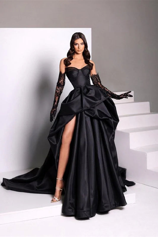 Retro Black Sweetheart Irregular Ruffle Hem Lace Gloves Design Elegant A-Line Satin Evening Dress Prom Dress DP6136
