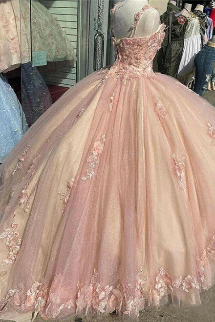 Retro Pink Sweetheart Appliqued 3D Flower A-Line Tulle 18 Birthday Quinceanera Dresses Evening Ball Gowns DP6138