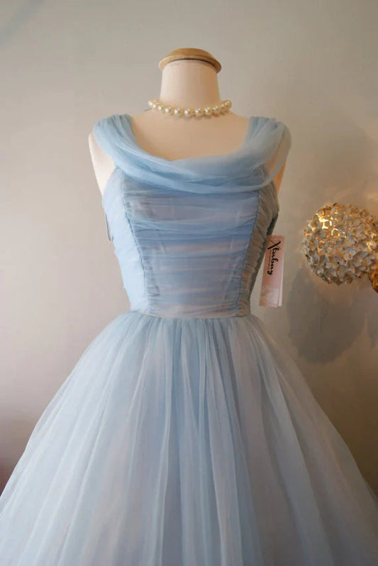 Retro Hellblaues Tüll-Design A-Linie Chiffon Partykleid Homecoming-Kleid Ballkleid Brautjungfernkleid DP6161