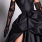 Retro Black Sweetheart Irregular Ruffle Hem Lace Gloves Design Elegant A-Line Satin Evening Dress Prom Dress DP6136
