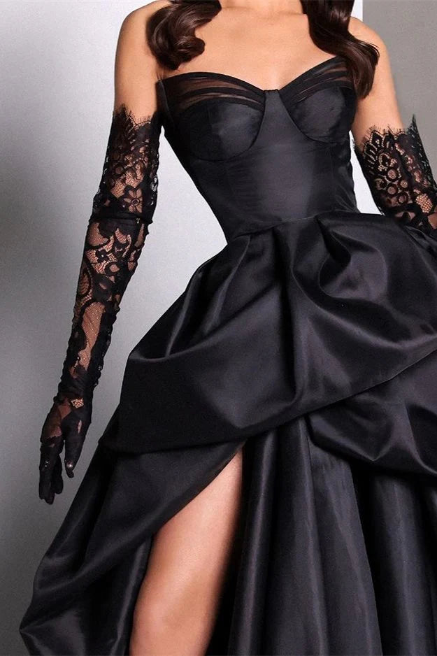 Retro Black Sweetheart Irregular Ruffle Hem Lace Gloves Design Elegant A-Line Satin Evening Dress Prom Dress DP6136