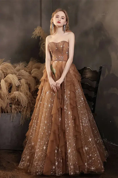 Elegant Champagne Sweetheart Shiny Sequin Ruffle Design A-Line Chiffon Tulle Evening Dress Prom Dress DP6135