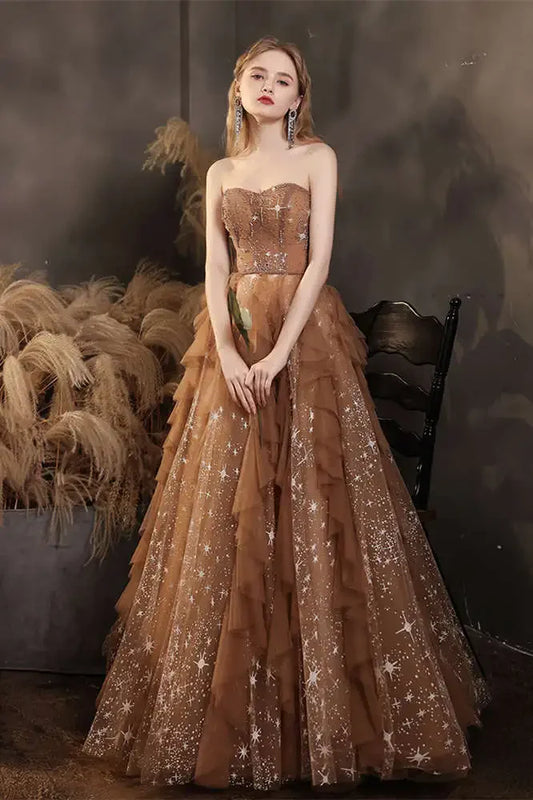Elegant Champagne Sweetheart Shiny Sequin Ruffle Design A-Line Chiffon Tulle Evening Dress Prom Dress DP6135
