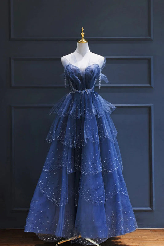 Vintage Blue Beaded Design Elegant A-Line Chiffon Tulle Evening Dress Prom Dress DP6139