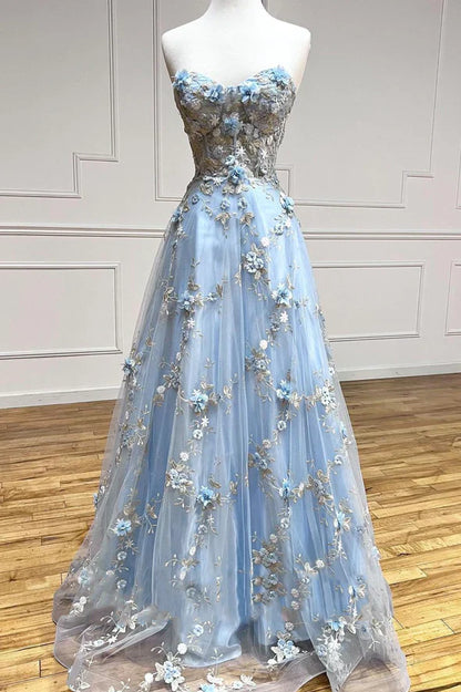 Vintage Light Blue Sweetheart Applique Strapless Design A-Line Evening Dress Prom Dress DP6132