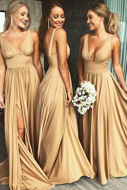 Elegantes V-Ausschnitt A-Linie Satin High Slit Partykleid Abendkleid Brautjungfernkleid DP6303