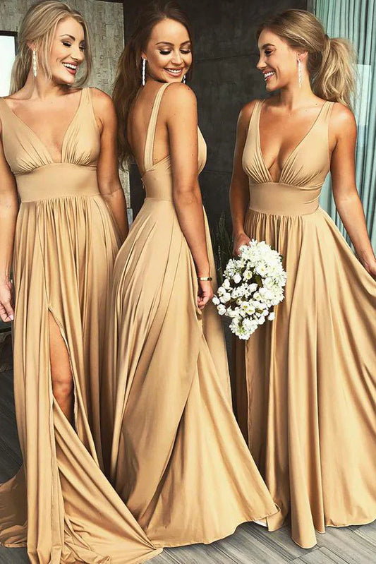 Elegantes V-Ausschnitt A-Linie Satin High Slit Partykleid Abendkleid Brautjungfernkleid DP6303