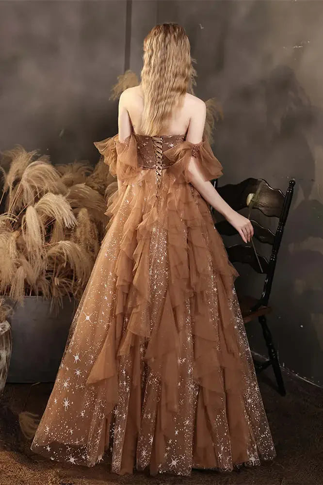 Elegant Champagne Sweetheart Shiny Sequin Ruffle Design A-Line Chiffon Tulle Evening Dress Prom Dress DP6135